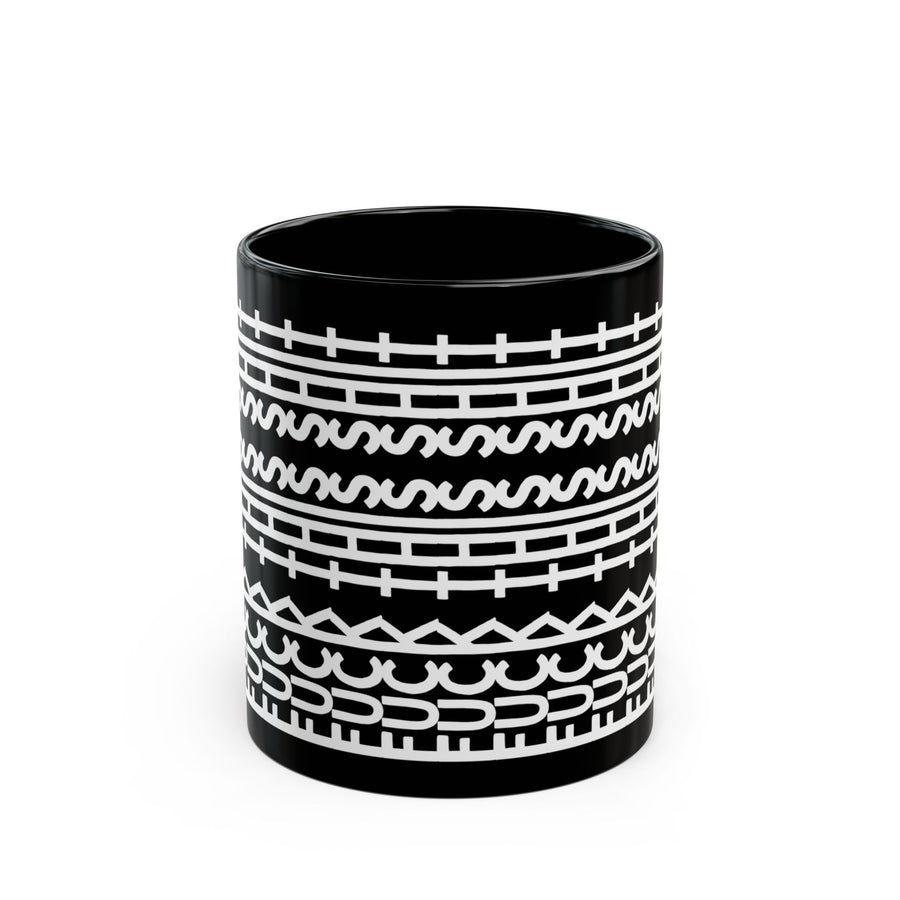 Black ceramic Fuck This Shit funny mug with white geometric sideways hidden text design, sarcastic adult humor coffee cup.