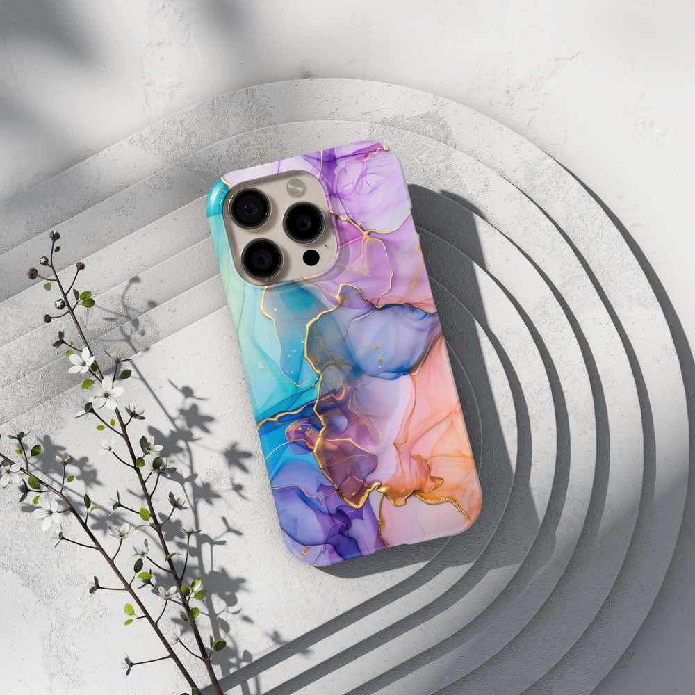 Abstract pastel iPhone case with gold marble accents in lavender, teal, and peach tones