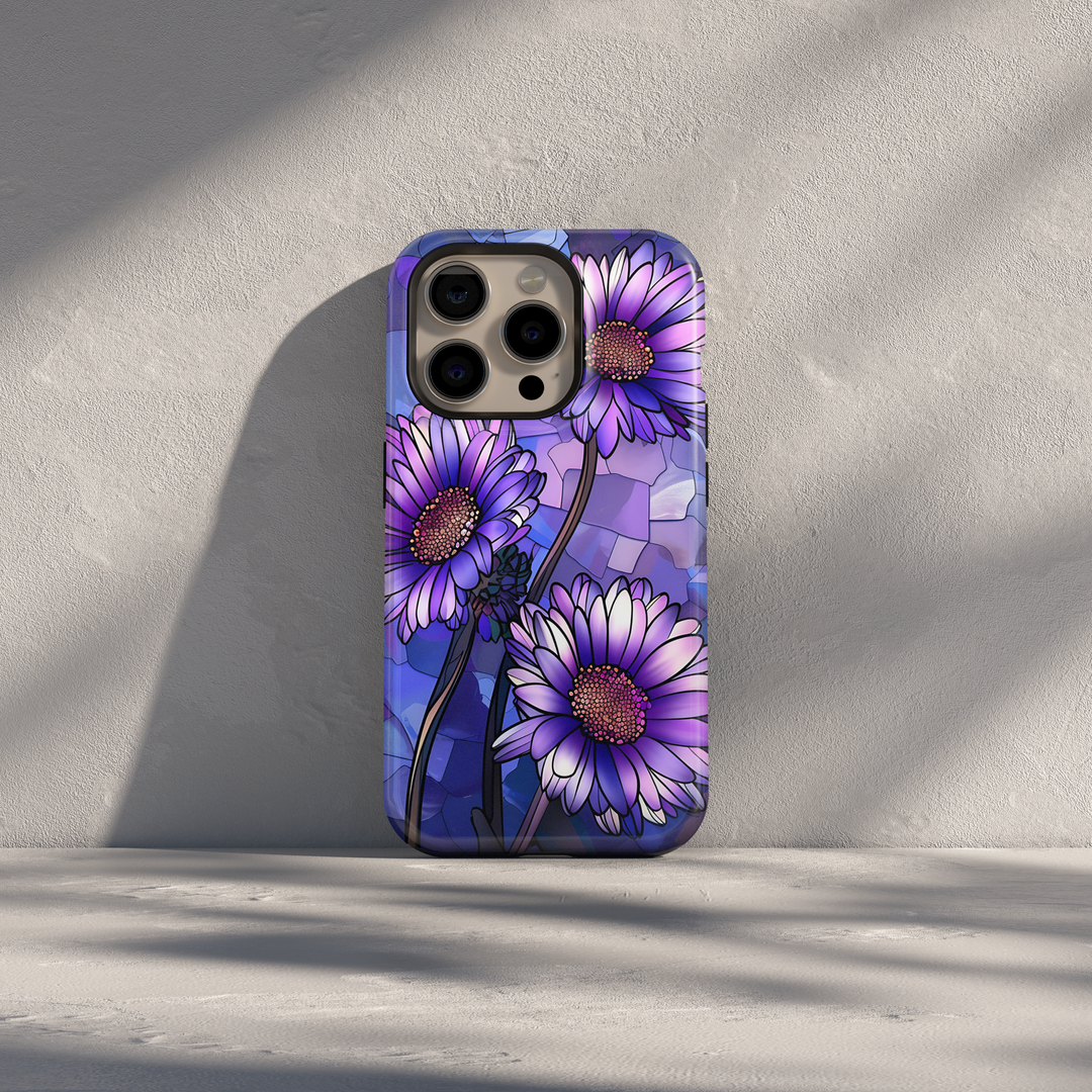 Purple stained glass floral iPhone case with violet daisy flowers and mosaic background