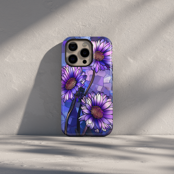Purple stained glass floral iPhone case with violet daisy flowers and mosaic background