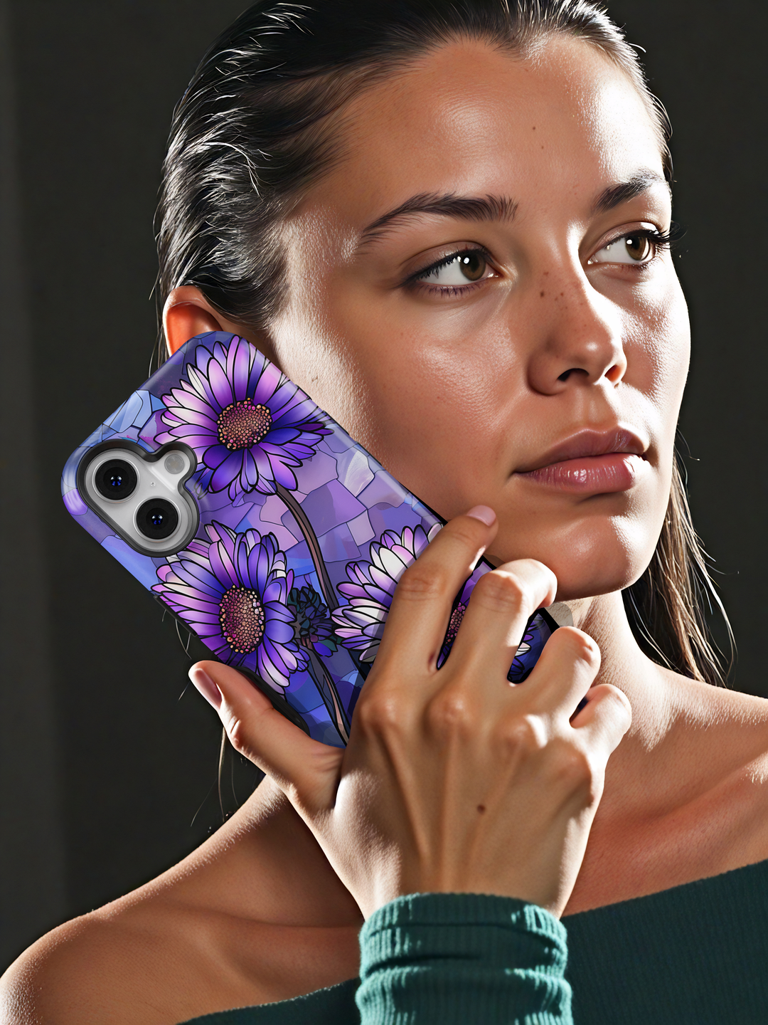 Purple stained glass floral iPhone case with violet daisy flowers and mosaic background