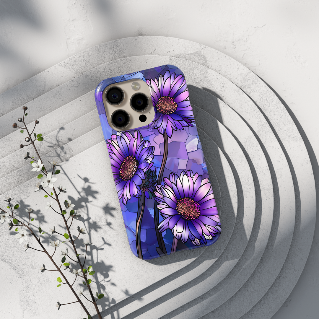 Purple stained glass floral iPhone case with violet daisy flowers and mosaic background
