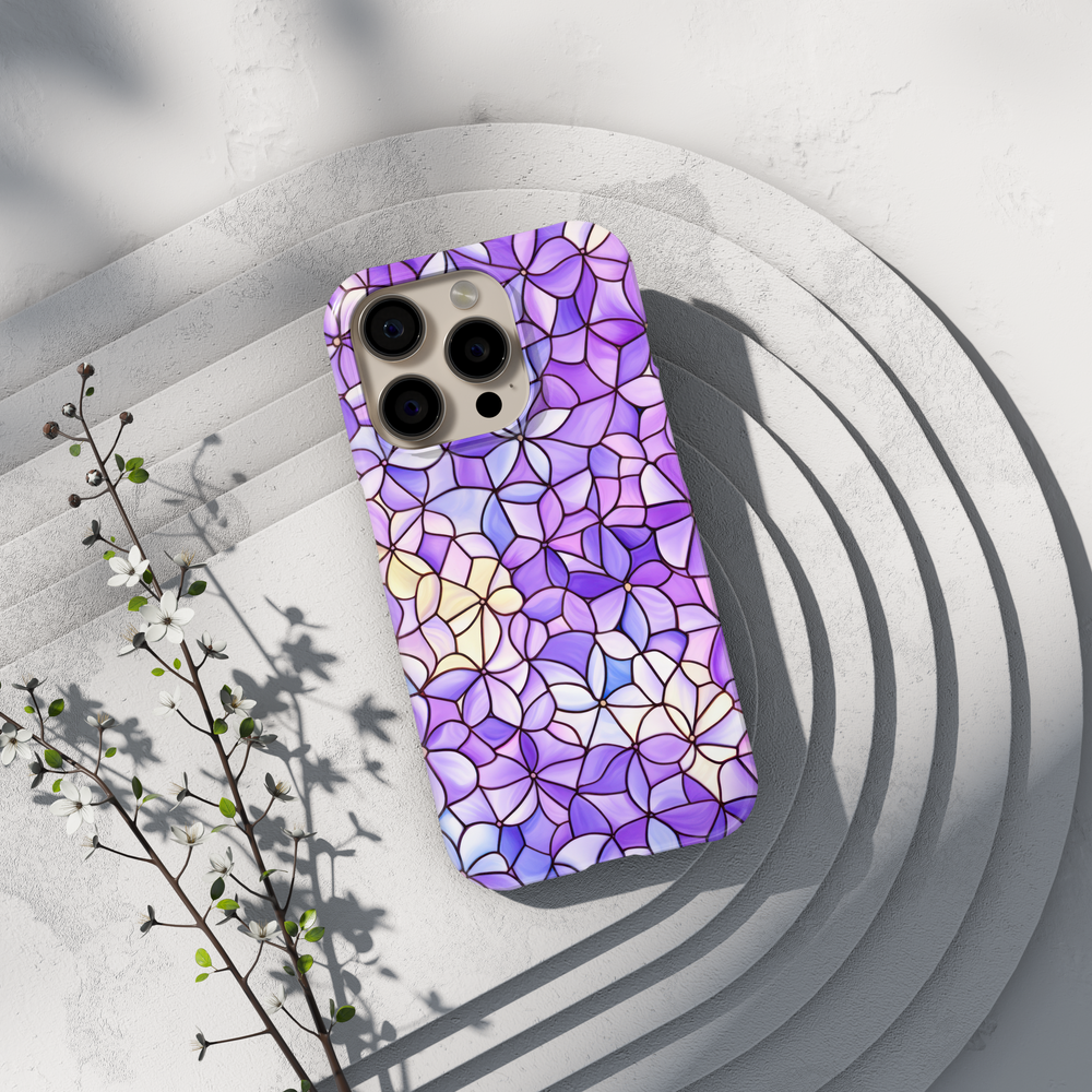 Purple stained glass floral iPhone case with lavender mosaic petal pattern