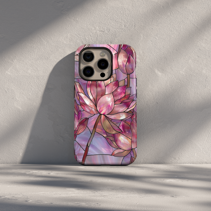Pink floral stained glass iPhone case with lotus flower and soft blush tones