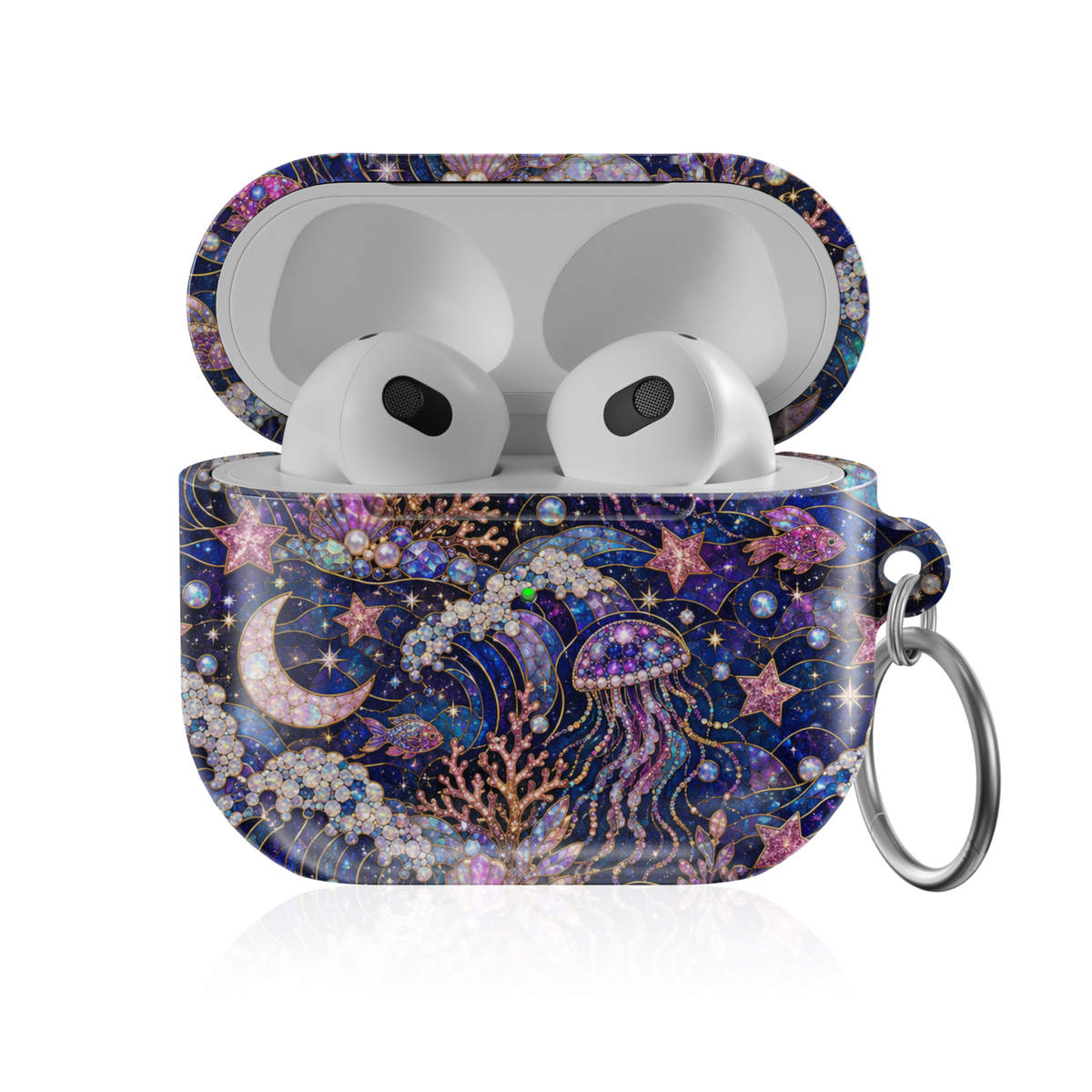 Celestial ocean AirPods case featuring jellyfish, crescent moon, pearls, starfish, cosmic waves, and deep blue underwater galaxy artwork.