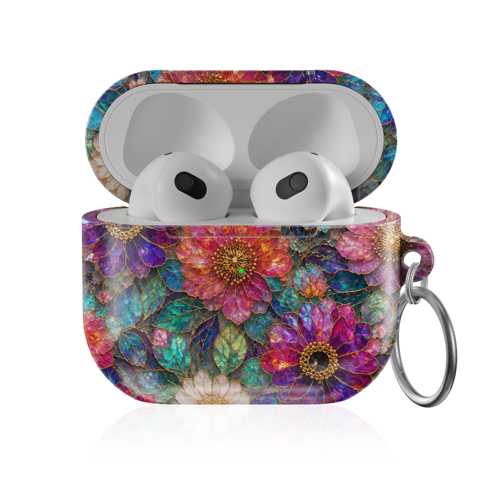 Colorful floral AirPods case featuring vibrant jewel-toned flowers, stained glass details, gold accents, and botanical artwork.