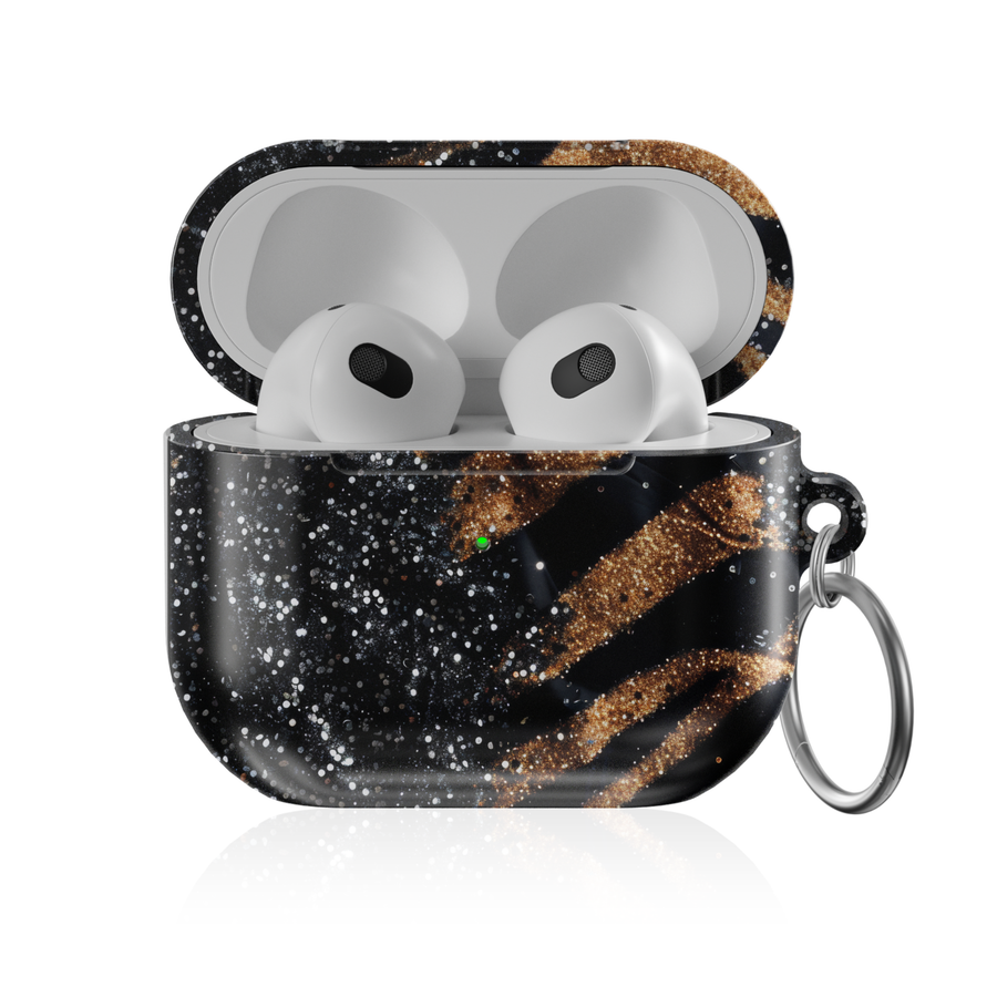 Black and gold glitter AirPods case with galaxy sparkle pattern protective AirPods cover with keychain compatible with AirPods Pro AirPods 3 and AirPods 4 luxury aesthetic design.