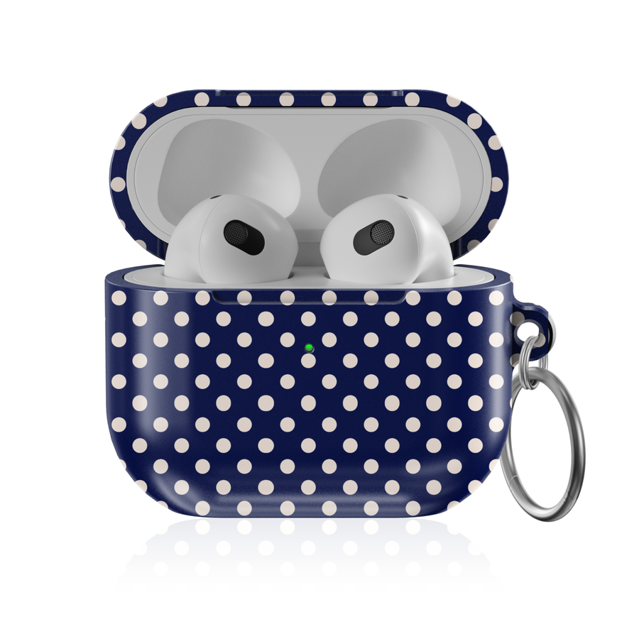Navy blue polka dot AirPods case with white dots classic pattern protective AirPods cover with keychain compatible with AirPods Pro AirPods 3 and AirPods 4 timeless aesthetic design.