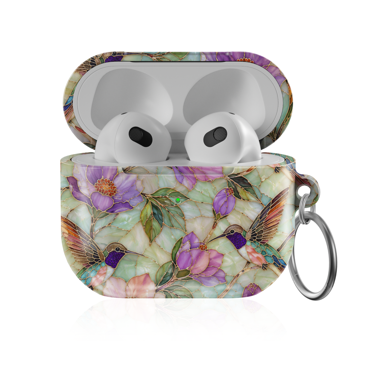 Floral hummingbird AirPods case featuring purple flowers, green leaves, stained glass details, and colorful hummingbirds in a botanical garden design.