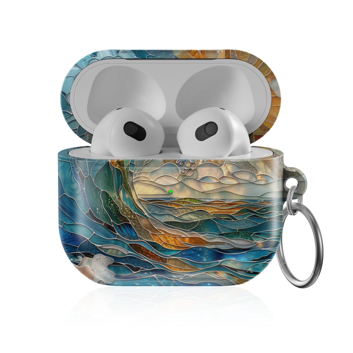 Artistic ocean wave AirPods case with blue teal and gold stained glass style pattern protective AirPods cover with keychain compatible with AirPods Pro AirPods 3 and AirPods 4 coastal aesthetic design.
