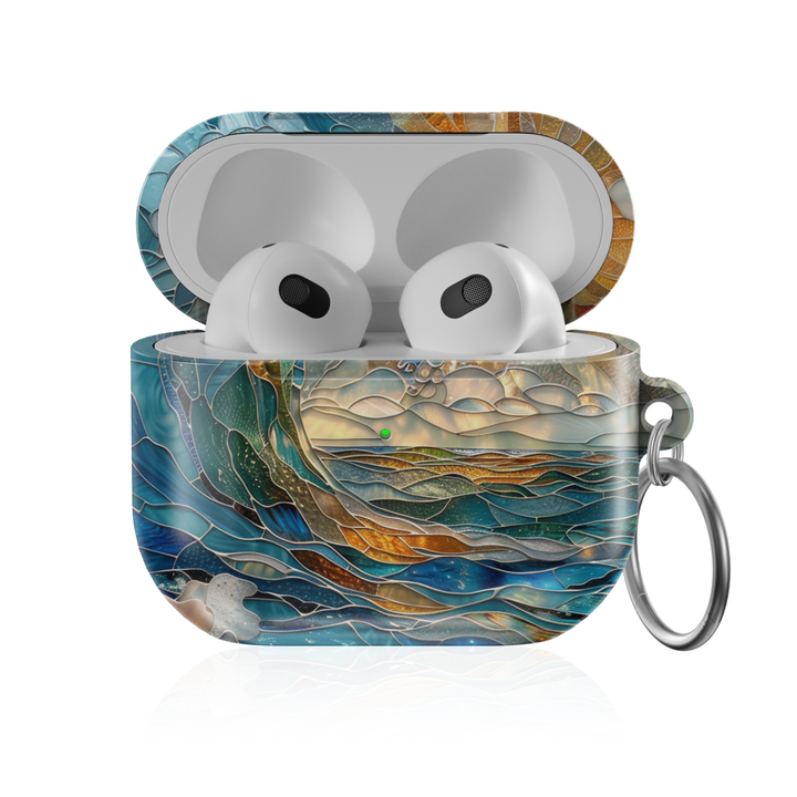 Artistic ocean wave AirPods case with blue teal and gold stained glass style pattern protective AirPods cover with keychain compatible with AirPods Pro AirPods 3 and AirPods 4 coastal aesthetic design.
