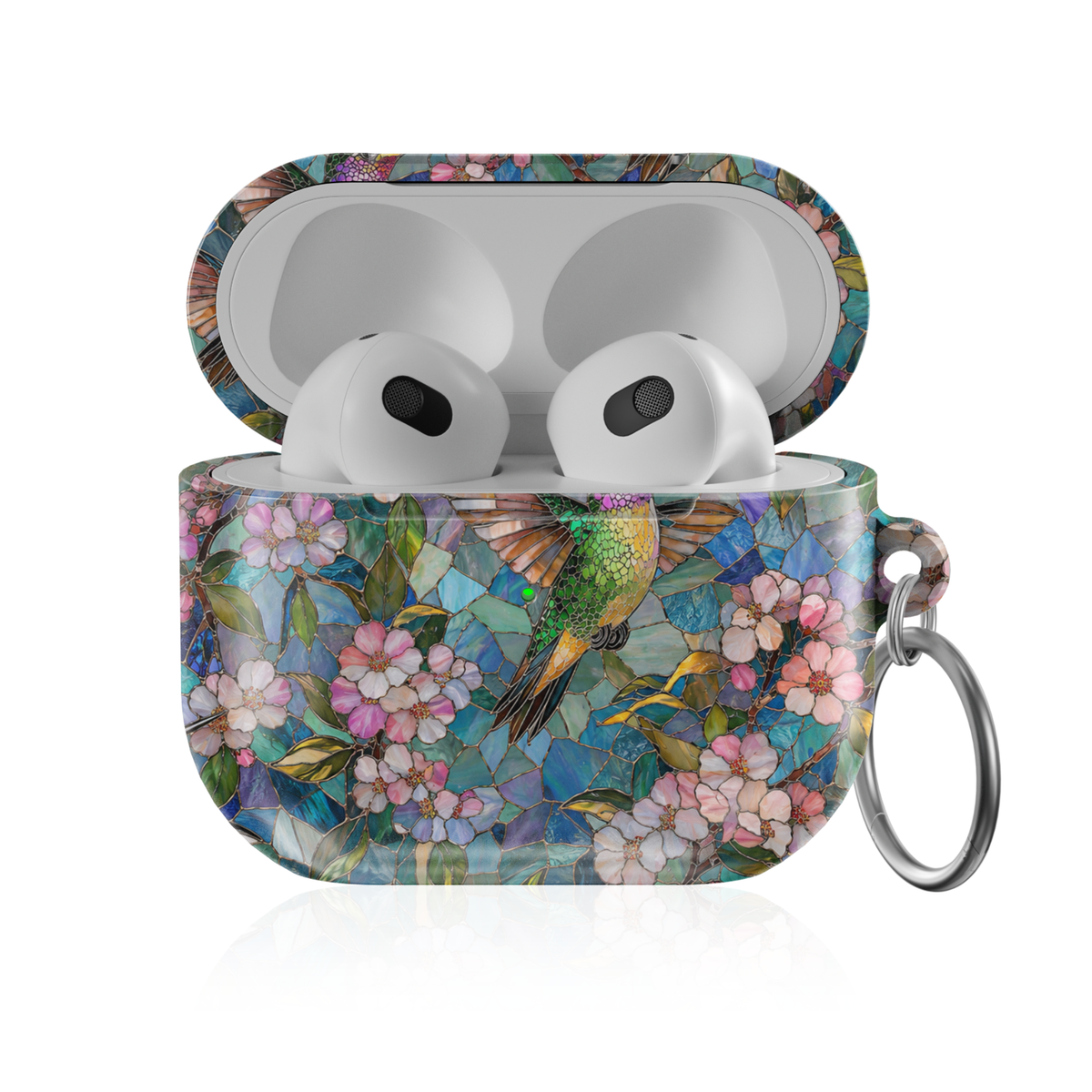 Colorful hummingbird AirPods case featuring pink blossoms, stained glass floral artwork, and a vibrant garden-inspired design.