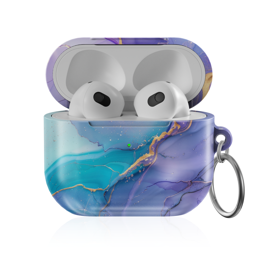 Blue marble AirPods case with teal and purple agate pattern and gold vein accents protective AirPods cover with keychain compatible with AirPods Pro AirPods 3 and AirPods 4 luxury aesthetic design.