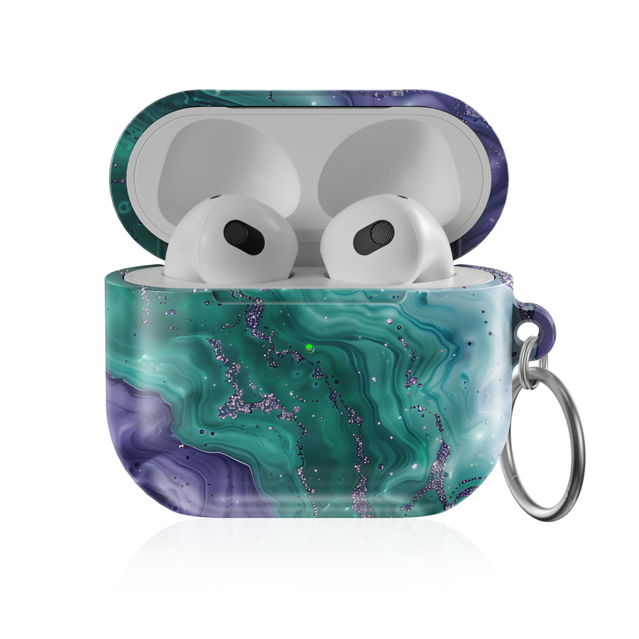 Emerald green marble AirPods case with agate stone pattern and shimmer accents protective AirPods cover with keychain compatible with AirPods Pro AirPods 3 and AirPods 4 luxury aesthetic design.