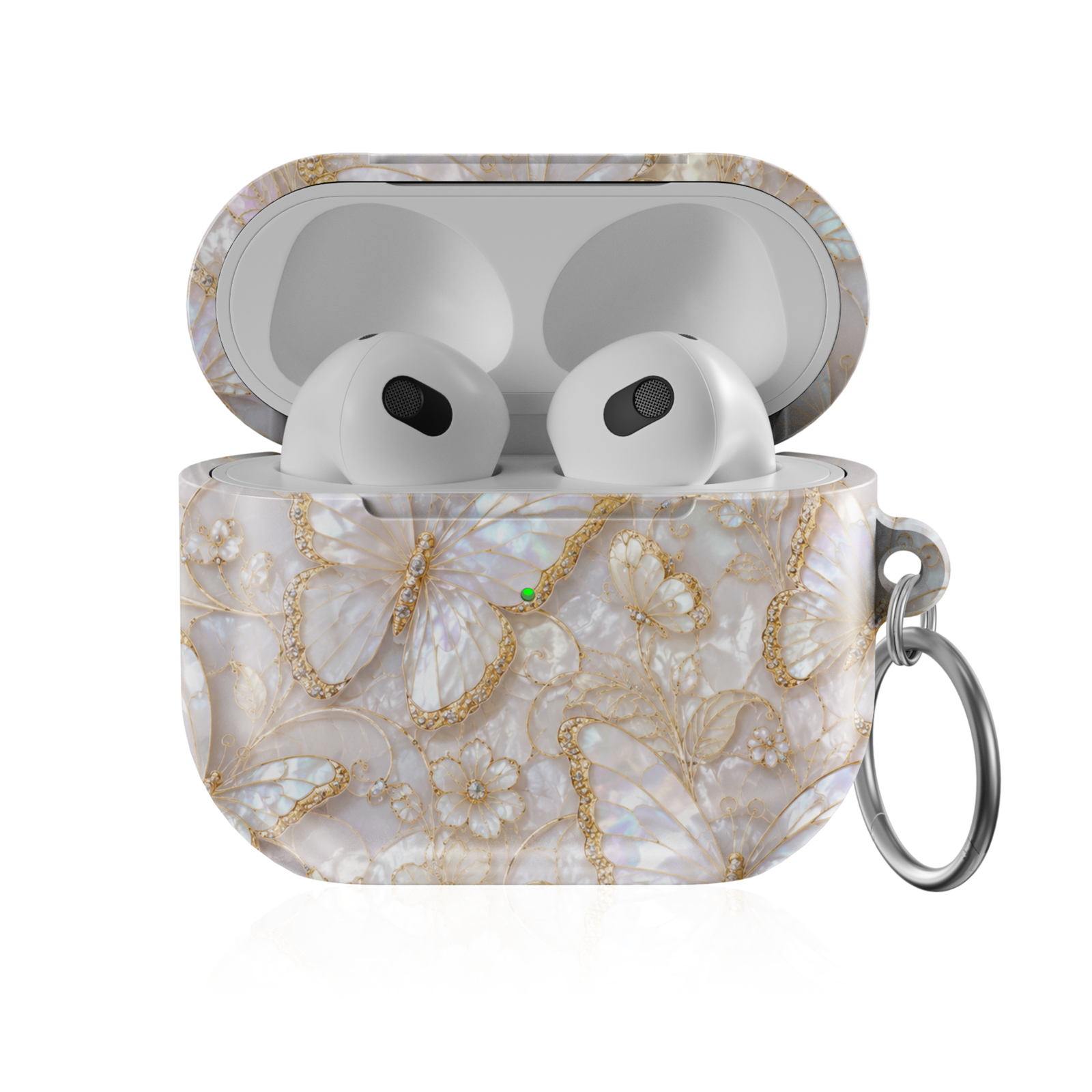 Pearl butterfly AirPods case featuring ivory butterflies, gold accents, floral details, and an iridescent opal-inspired background.