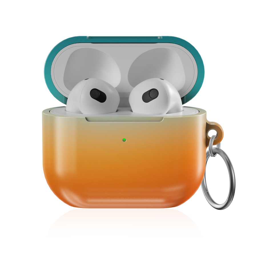 Minimalist sunset gradient AirPods case with orange and teal color fade protective AirPods cover with keychain compatible with AirPods Pro AirPods 3 and AirPods 4 modern aesthetic design.
