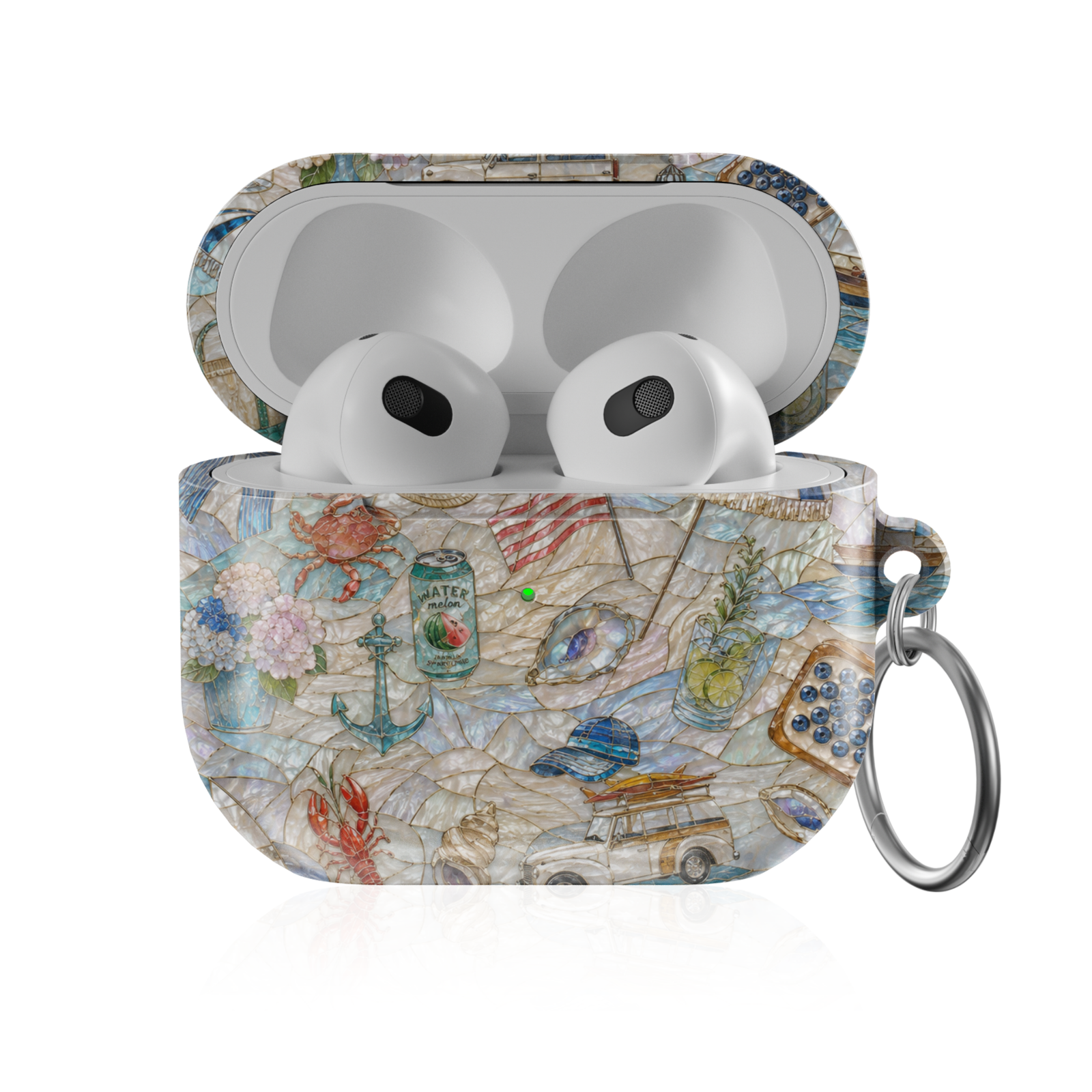 Coastal-themed AirPods case featuring anchors, hydrangeas, sailboats, seashells, beach drinks, a vintage surf wagon, and nautical summer details on a pearlescent background.