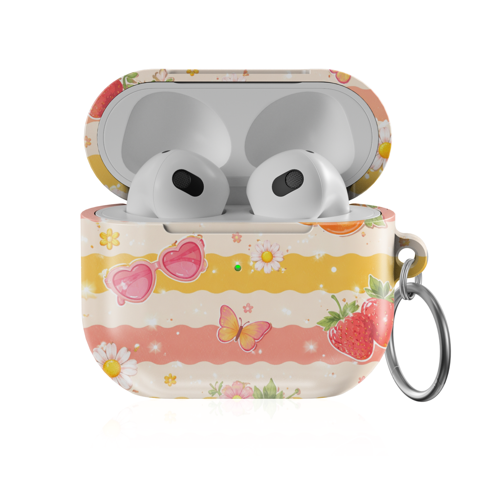 Cute strawberry AirPods case with butterflies, daisies, and pastel summer pattern protective AirPods cover with keychain compatible with AirPods Pro AirPods 3 and AirPods 4 aesthetic design.