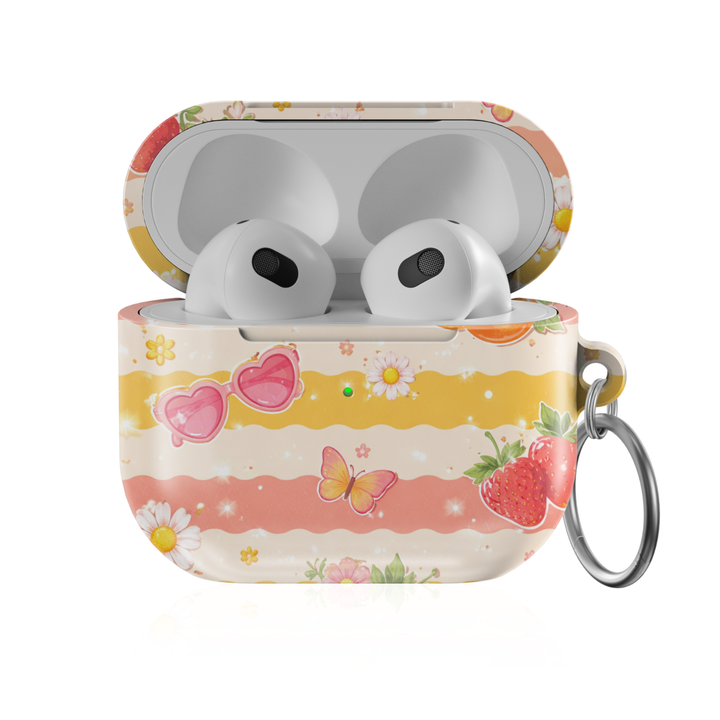 Cute strawberry AirPods case with butterflies, daisies, and pastel summer pattern protective AirPods cover with keychain compatible with AirPods Pro AirPods 3 and AirPods 4 aesthetic design.