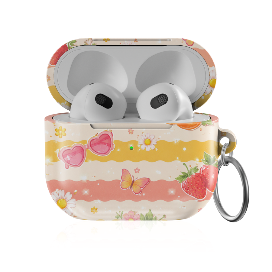 Cute strawberry AirPods case with butterflies, daisies, and pastel summer pattern protective AirPods cover with keychain compatible with AirPods Pro AirPods 3 and AirPods 4 aesthetic design.