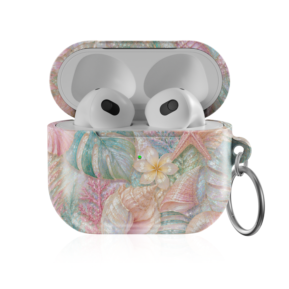 Pastel coastal AirPods case featuring seashells, tropical leaves, coral, starfish, and pearl-inspired ocean artwork.