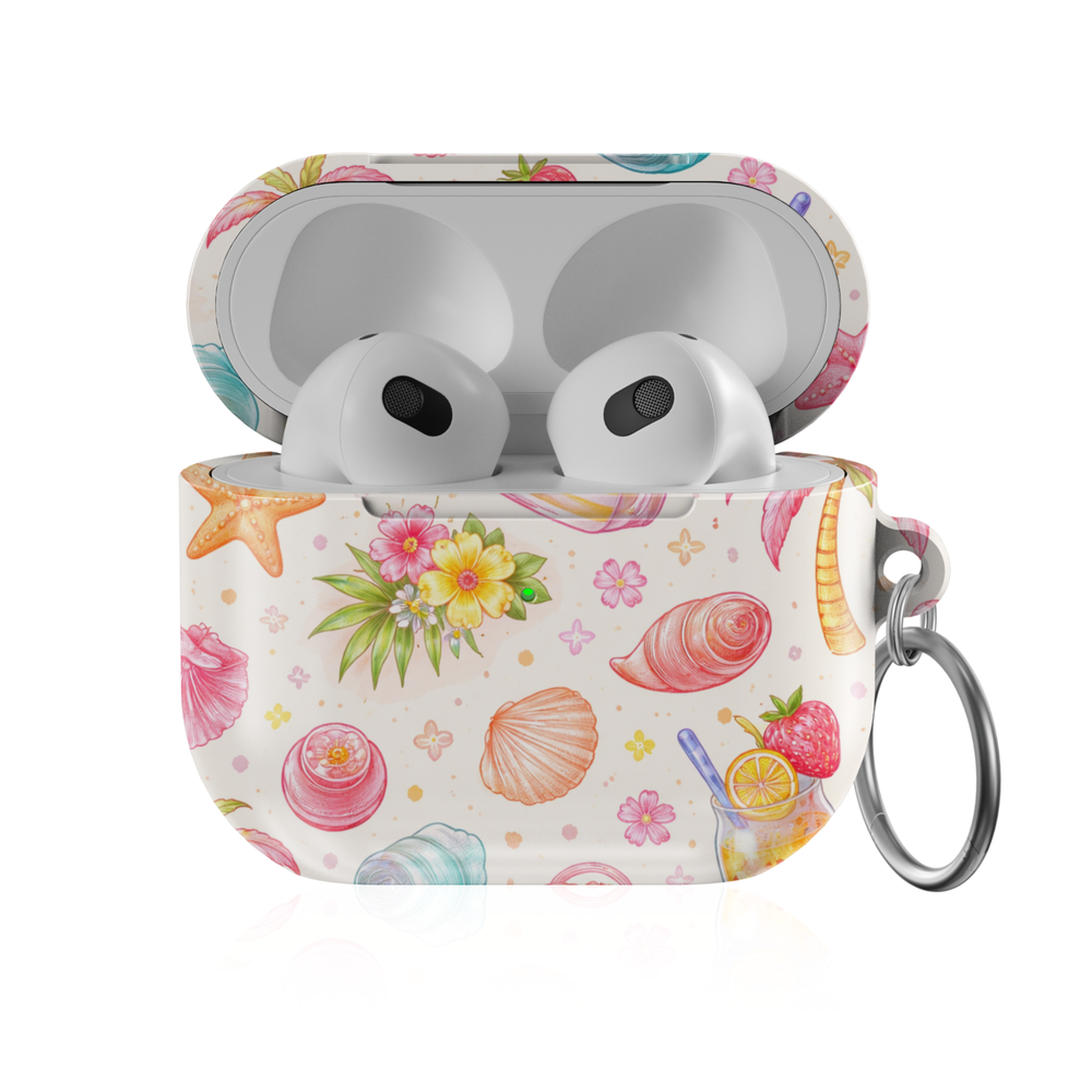 Cute summer beach AirPods case with seashells, starfish, flowers and tropical elements protective AirPods cover with keychain compatible with AirPods Pro AirPods 3 and AirPods 4 coastal aesthetic design.