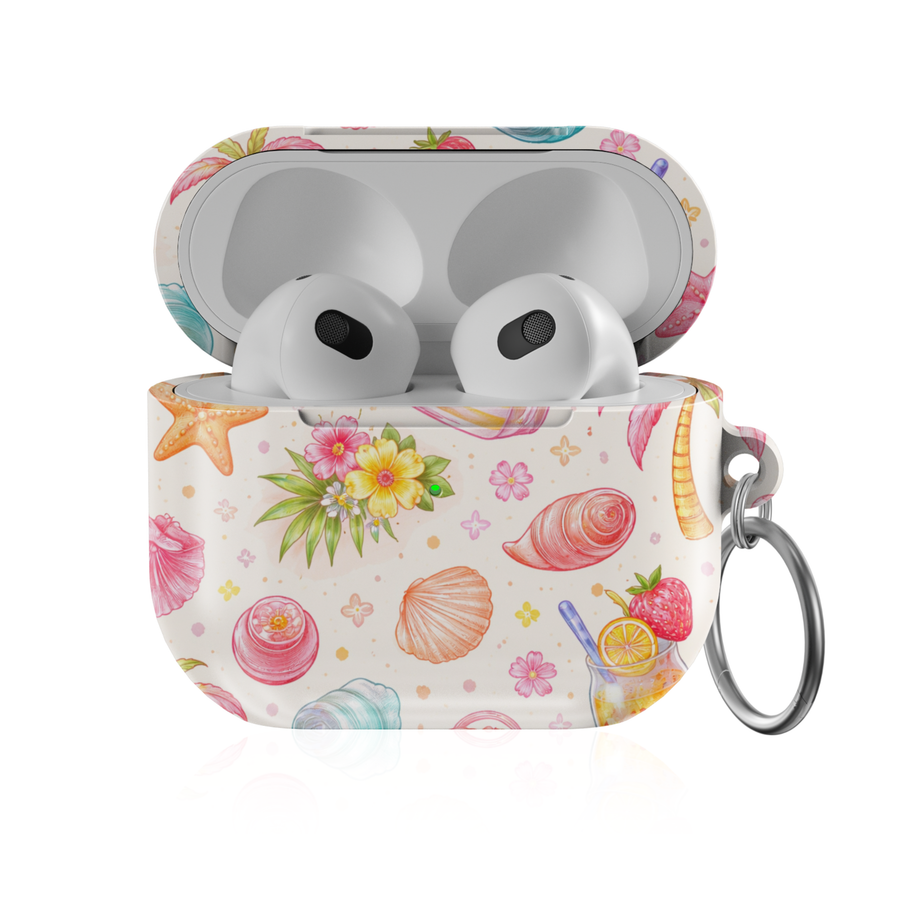 Cute summer beach AirPods case with seashells, starfish, flowers and tropical elements protective AirPods cover with keychain compatible with AirPods Pro AirPods 3 and AirPods 4 coastal aesthetic design.