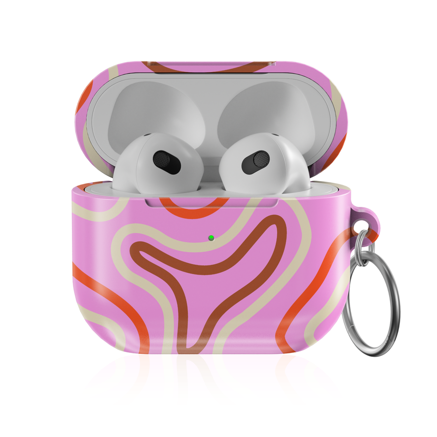 Pink retro abstract wave AirPods case with groovy swirl pattern in coral and neutral tones protective AirPods cover with keychain compatible with AirPods Pro AirPods 3 and AirPods 4 aesthetic design.