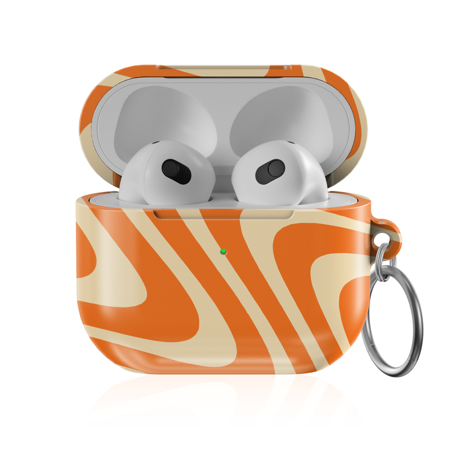 Retro orange and beige abstract wave AirPods case with groovy swirl pattern protective AirPods cover with keychain compatible with AirPods Pro AirPods 3 and AirPods 4 aesthetic design.