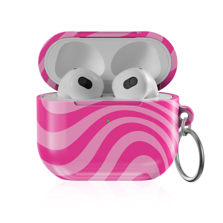 Pink retro wave AirPods case with groovy swirl pattern protective AirPods cover with keychain compatible with AirPods Pro AirPods 3 and AirPods 4 cute pink aesthetic design.