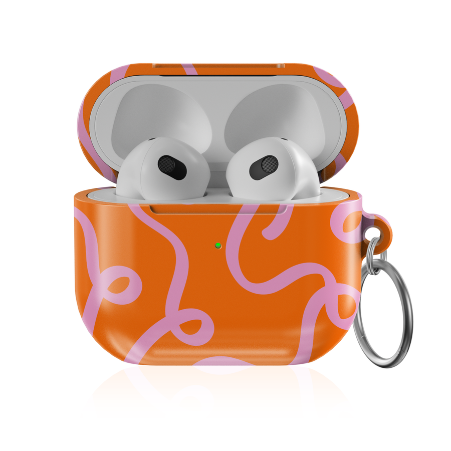 Retro abstract AirPods case with orange background and pink doodle lines protective AirPods cover with keychain compatible with AirPods Pro AirPods 3 and AirPods 4 cute modern aesthetic design.