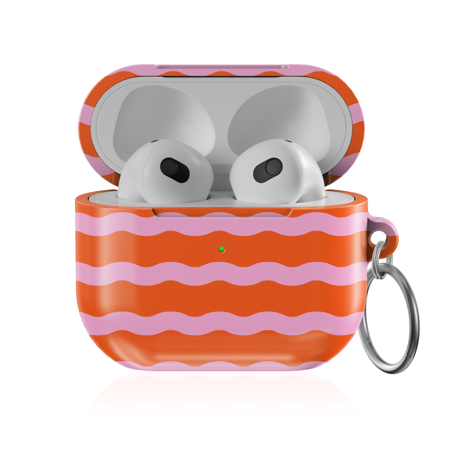 Retro wavy AirPods case with orange and pink ripple stripes protective AirPods cover with keychain compatible with AirPods Pro AirPods 3 and AirPods 4 cute aesthetic design.