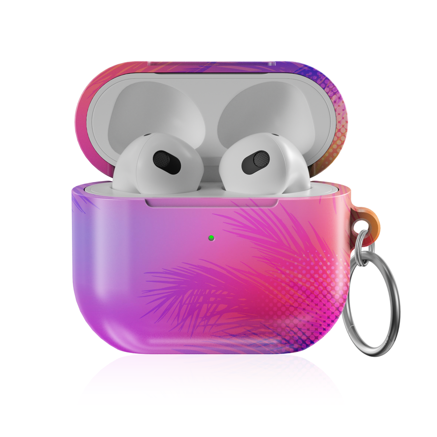 Tropical sunset AirPods case with pink and purple gradient and palm tree silhouettes protective AirPods cover with keychain compatible with AirPods Pro AirPods 3 and AirPods 4 summer aesthetic design.
