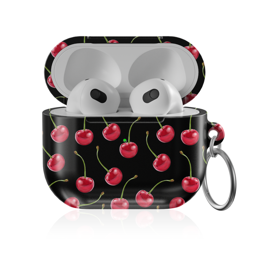 Cute cherry AirPods case with red cherries and green leaves on black background aesthetic fruit protective AirPods cover with keychain compatible with AirPods Pro AirPods 3 and AirPods 4.