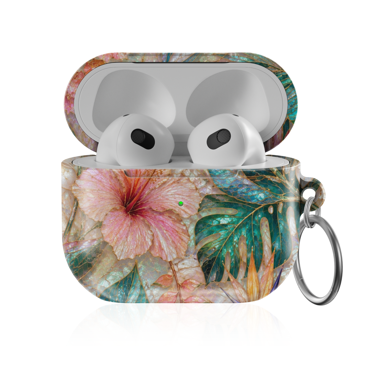 Tropical floral AirPods case featuring pink hibiscus flowers, teal monstera leaves, exotic blooms, and pearl-inspired island artwork.