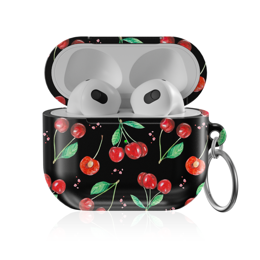 Cute cherry AirPods case with red cherries and green leaves on black background aesthetic fruit protective AirPods cover with keychain compatible with AirPods Pro AirPods 3 and AirPods 4.