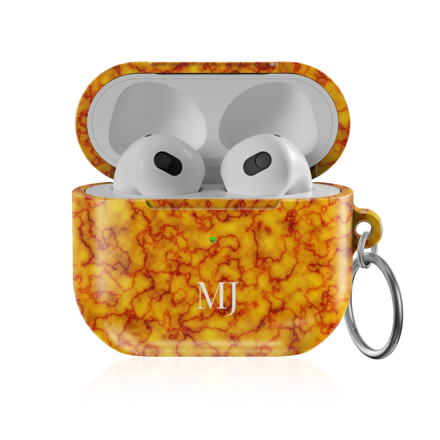 Personalized AirPods Pro case with amber marble pattern and custom initials, glossy protective AirPods charging case cover with keyring