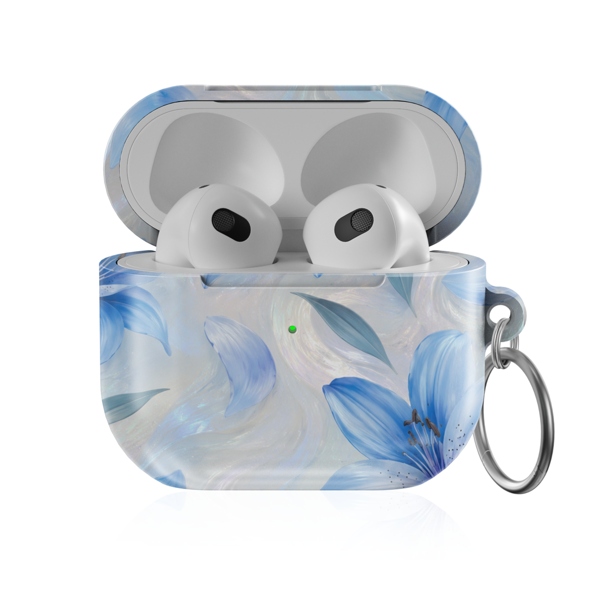 Blue lily AirPods case featuring delicate sapphire-blue flowers on an iridescent pearl-inspired background.