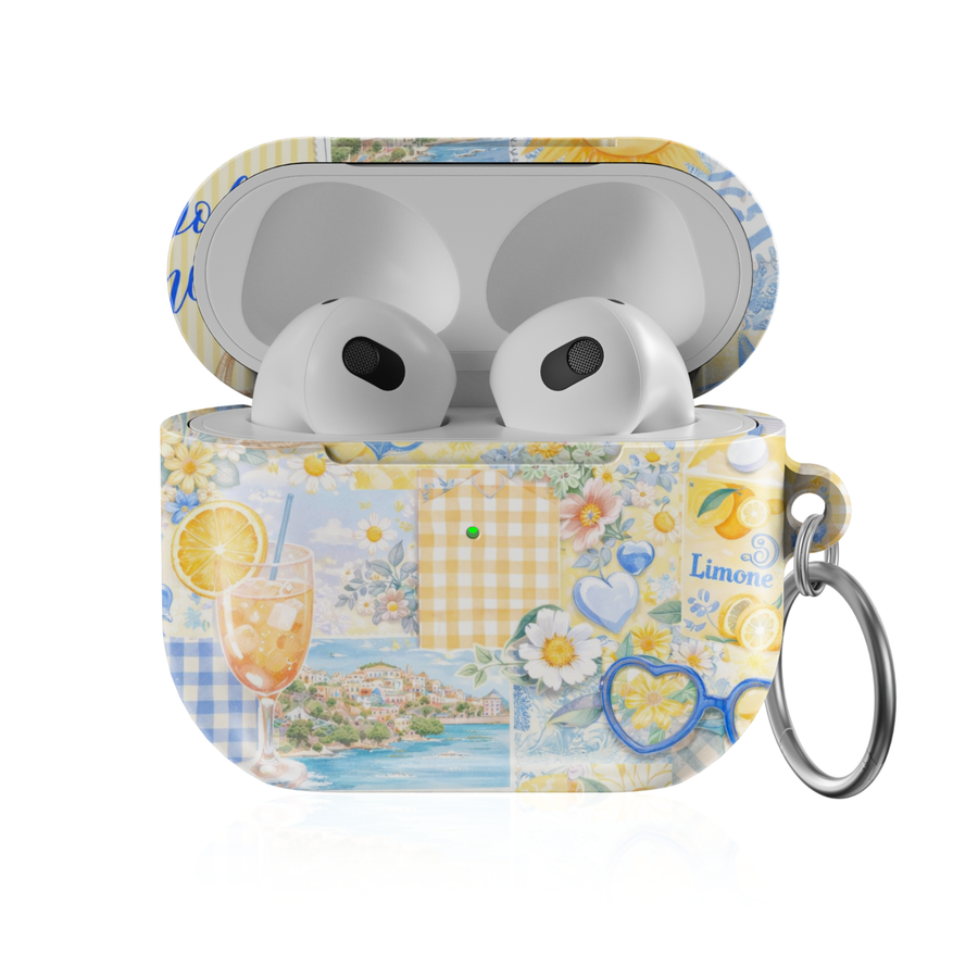 Lemon summer collage AirPods case with Amalfi coast aesthetic citrus and floral design protective AirPods cover with keychain compatible with AirPods Pro AirPods 3 and AirPods 4.