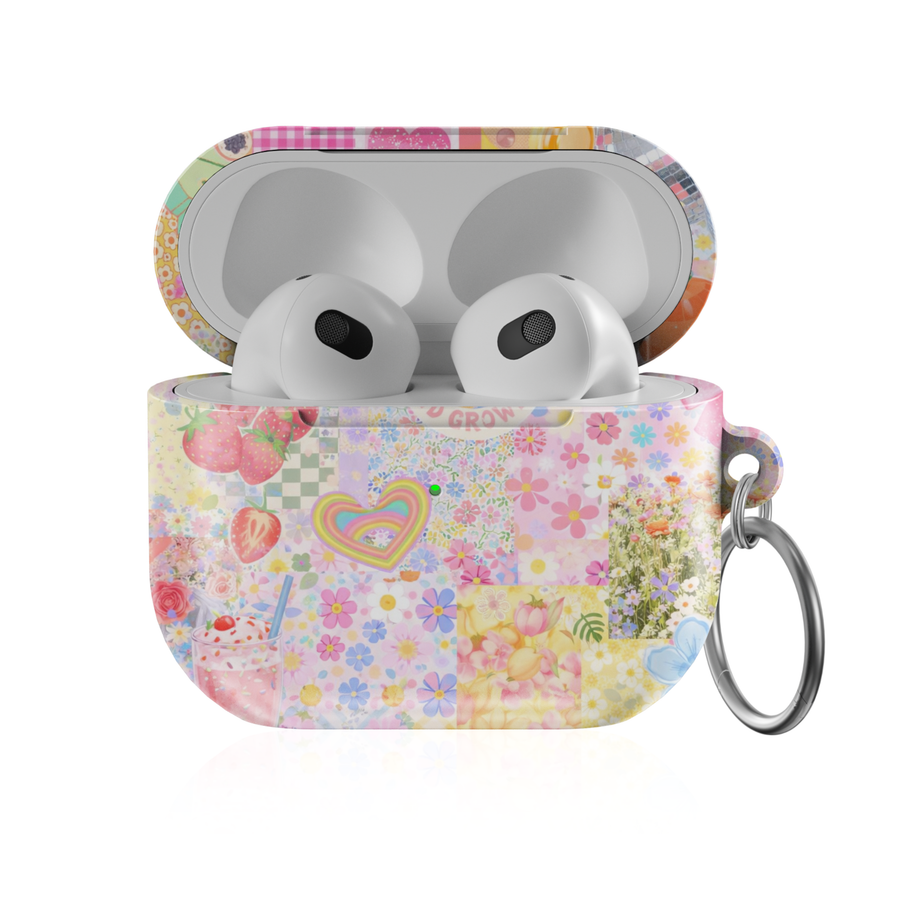 Cute pastel collage AirPods case with strawberries flowers rainbow and heart aesthetic protective AirPods cover with keychain compatible with AirPods Pro AirPods 3 and AirPods 4.