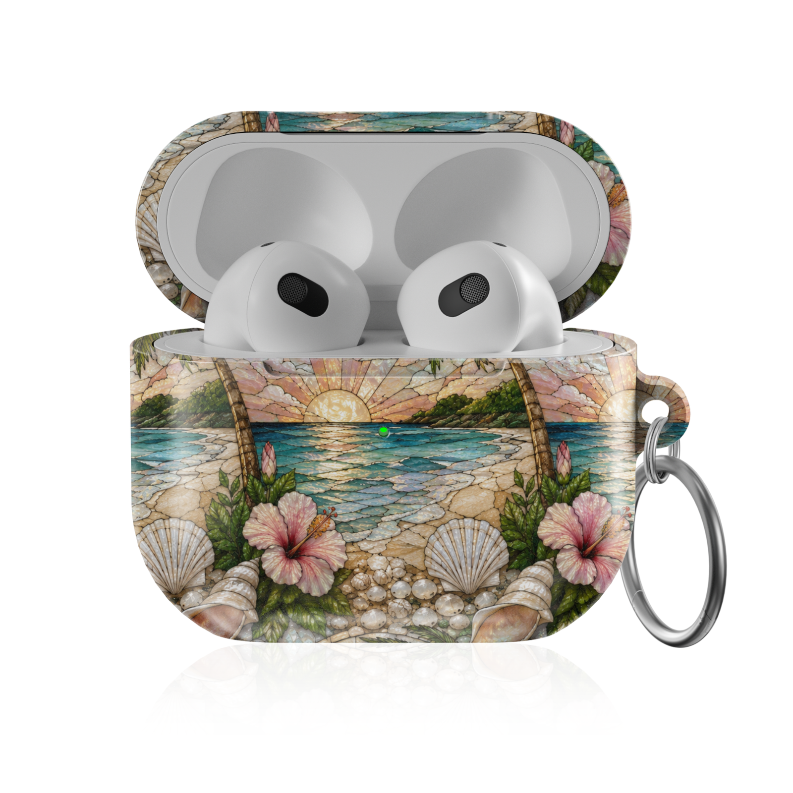 Tropical beach sunset AirPods case featuring turquoise ocean waves, pink hibiscus flowers, seashells, palm trees, and a coastal paradise design.