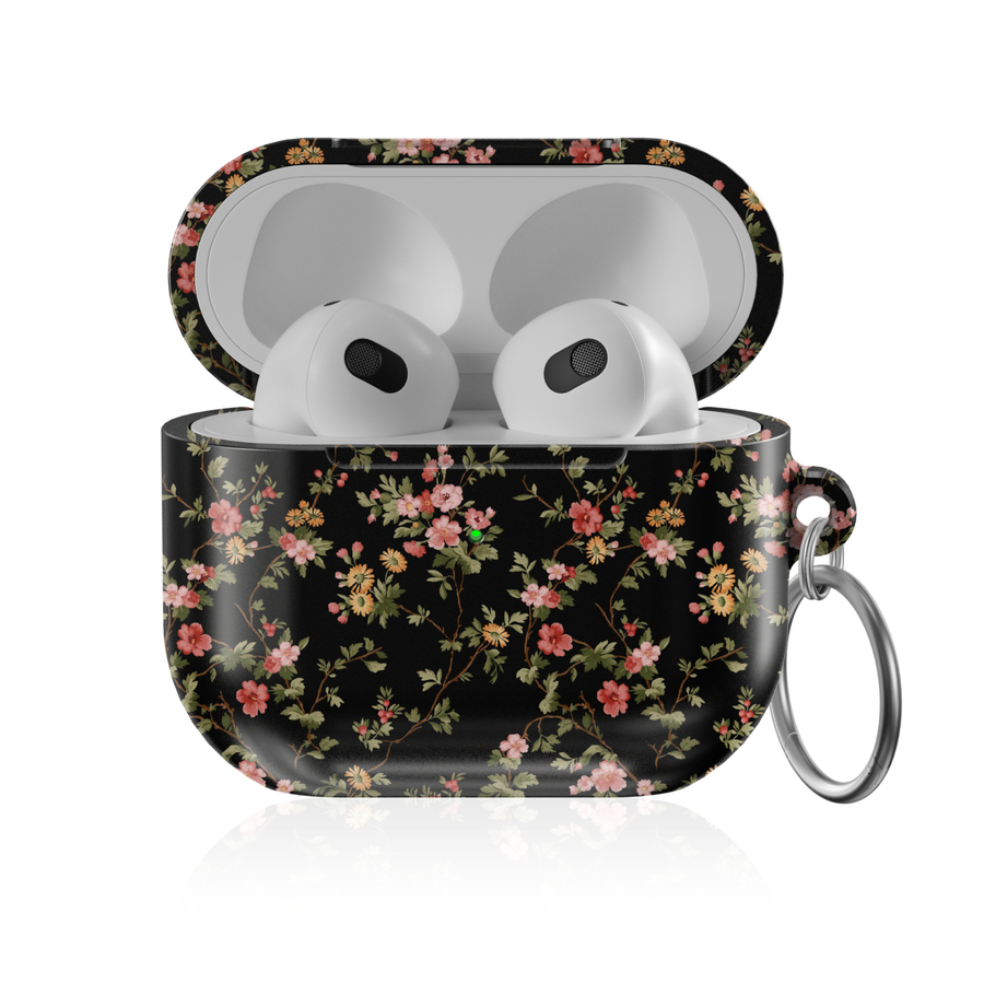 Black floral AirPods case with vintage botanical flower pattern protective AirPods cover with keychain compatible with AirPods Pro AirPods 3 and AirPods 4.