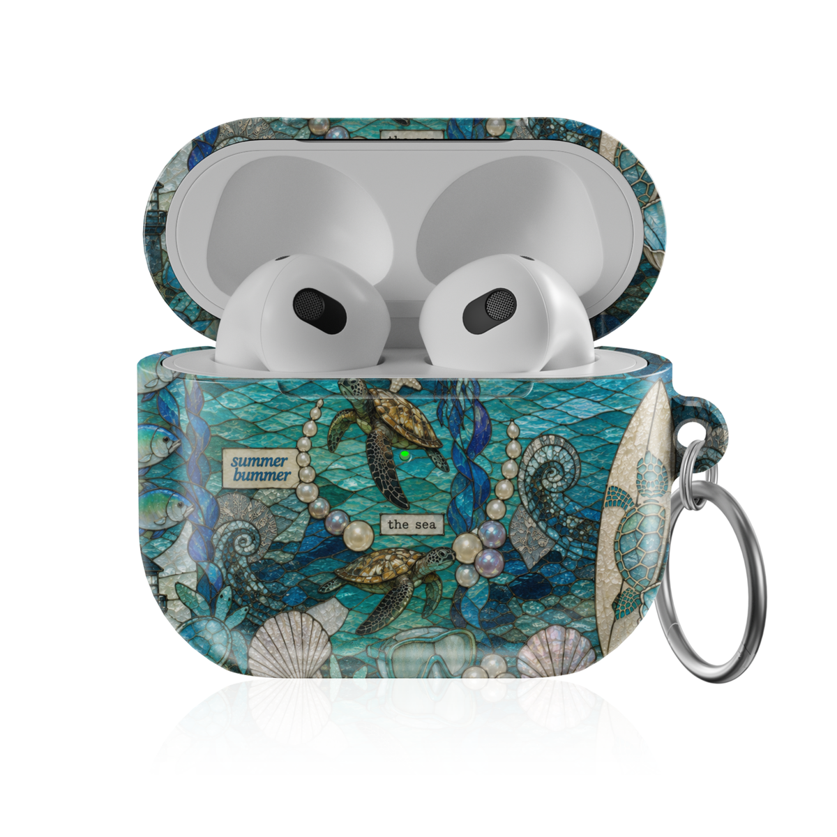 Blue ocean-themed AirPods case featuring sea turtles, pearls, seashells, surfboards, and coastal beach-inspired artwork.