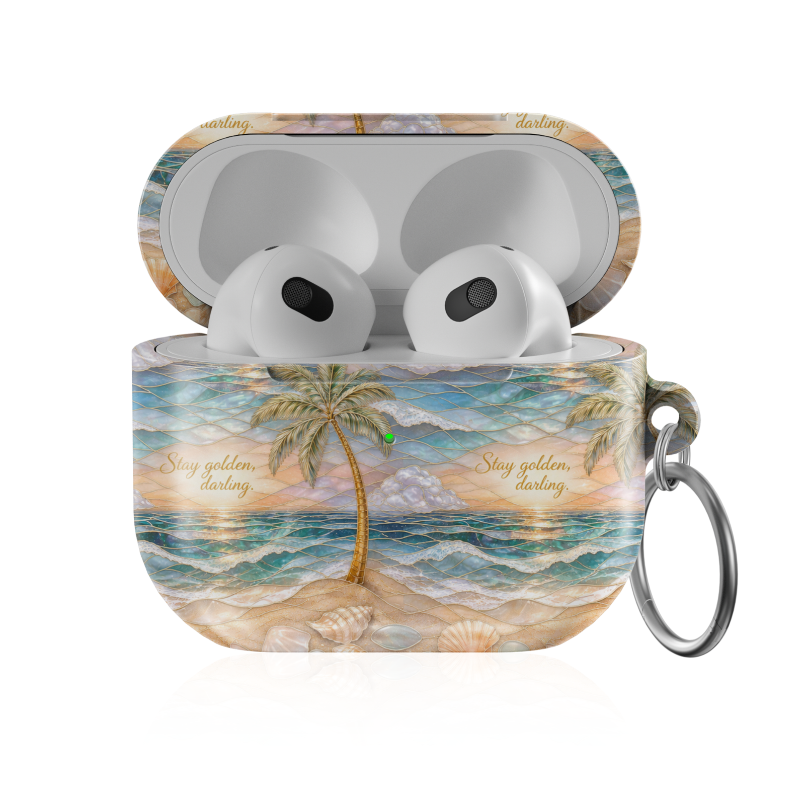 Coastal AirPods case featuring palm trees, ocean waves, seashells, sandy beach artwork, and the phrase "Stay Golden, Darling."