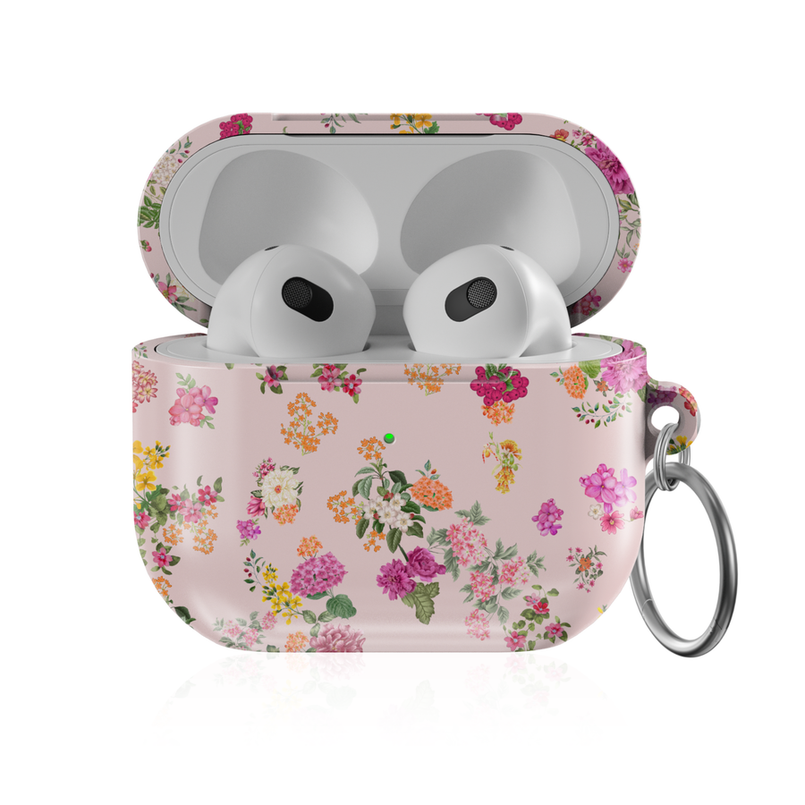 Pink floral AirPods case with vintage botanical flowers on blush background protective AirPods cover with keychain compatible with AirPods Pro AirPods 3 and AirPods 4.
