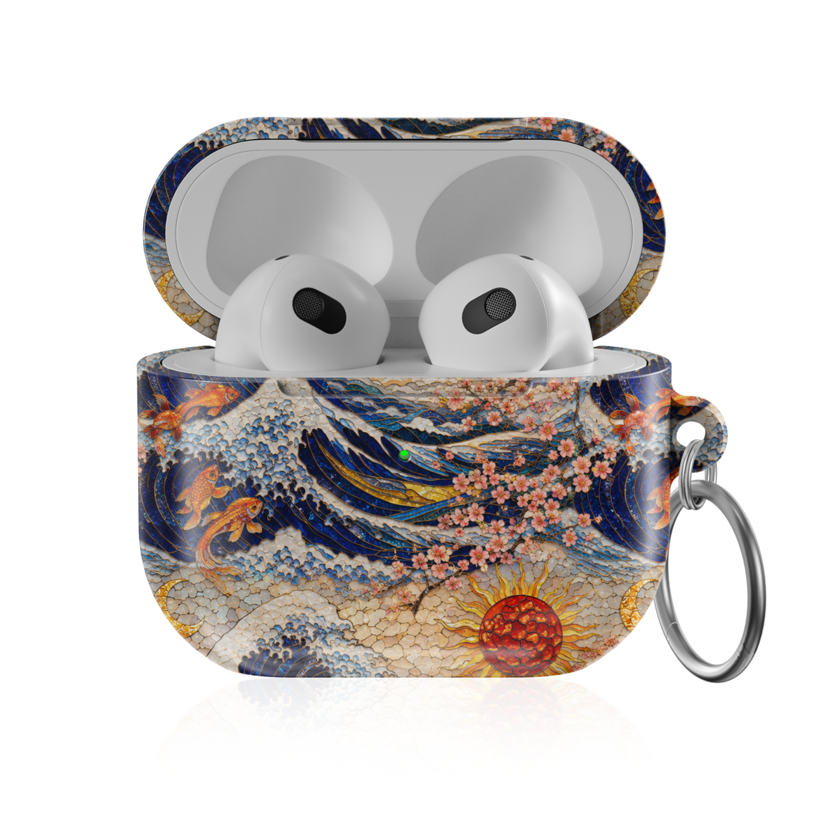 Japanese-inspired AirPods case featuring koi fish, ocean waves, cherry blossoms, and a golden sun in a detailed mosaic art style.