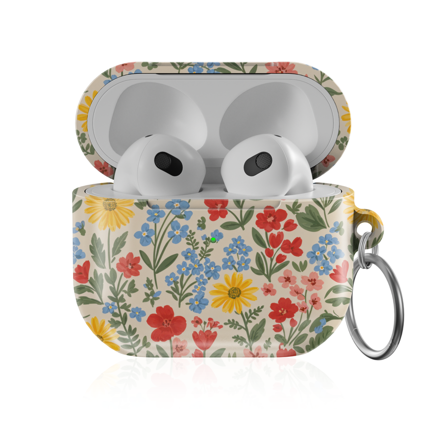 Colorful wildflower AirPods case with red yellow and blue floral botanical pattern protective AirPods cover with keychain compatible with AirPods Pro AirPods 3 and AirPods 4.