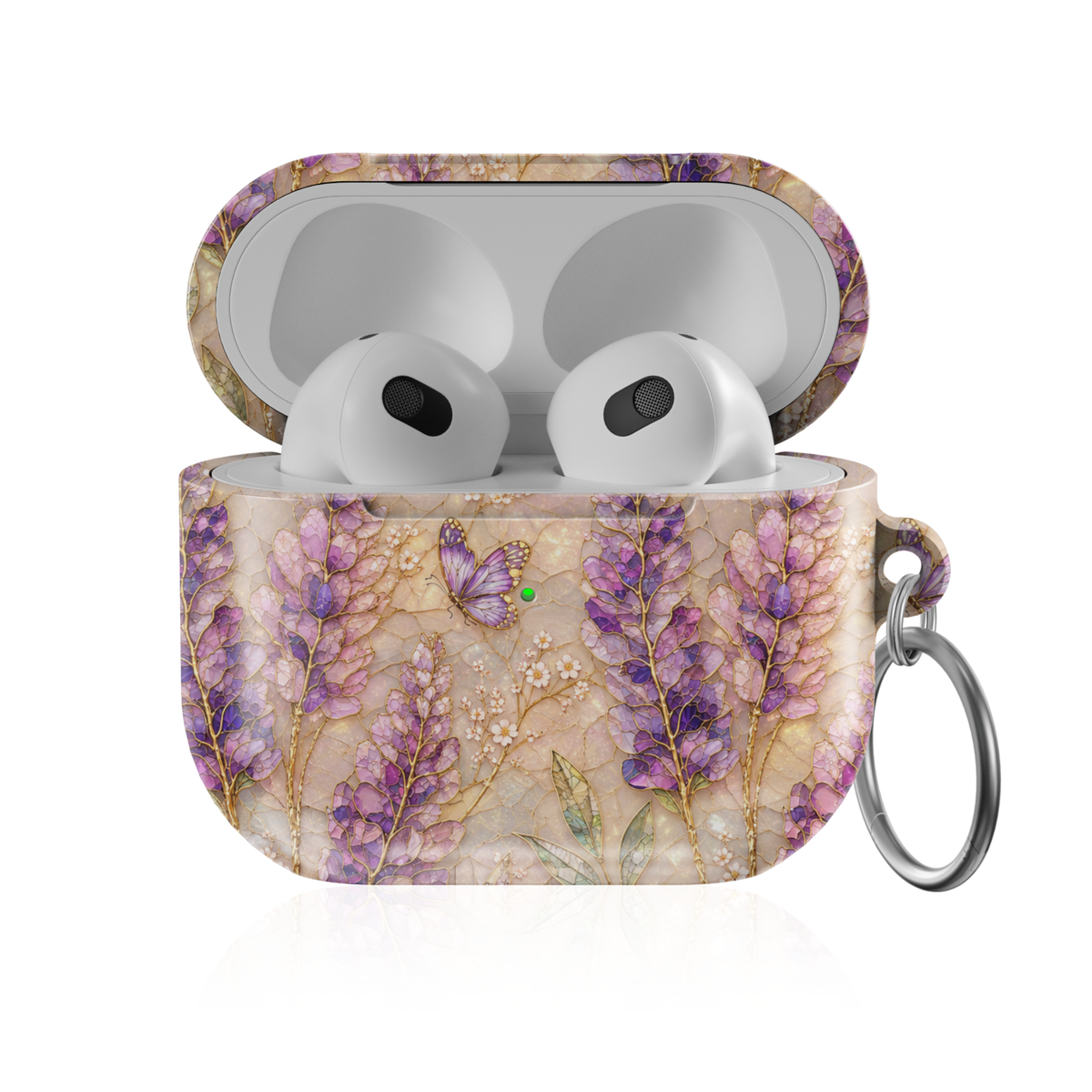 Lavender-themed AirPods case featuring purple floral stems, butterfly accents, gold details, and a soft botanical stained-glass aesthetic.
