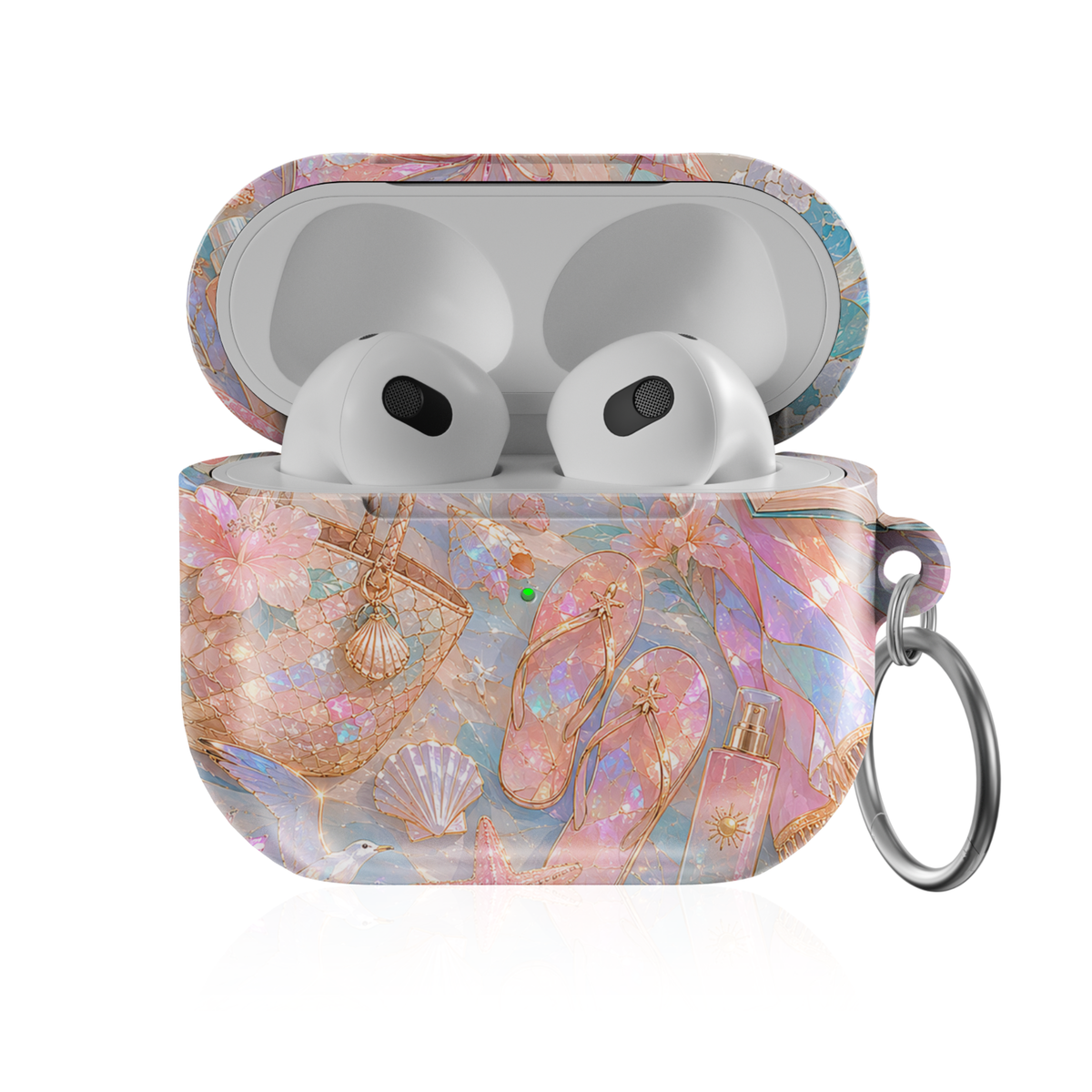 Pastel beach-themed AirPods case featuring seashells, flip-flops, tropical flowers, beach tote bag, ocean waves, and coastal vacation artwork.