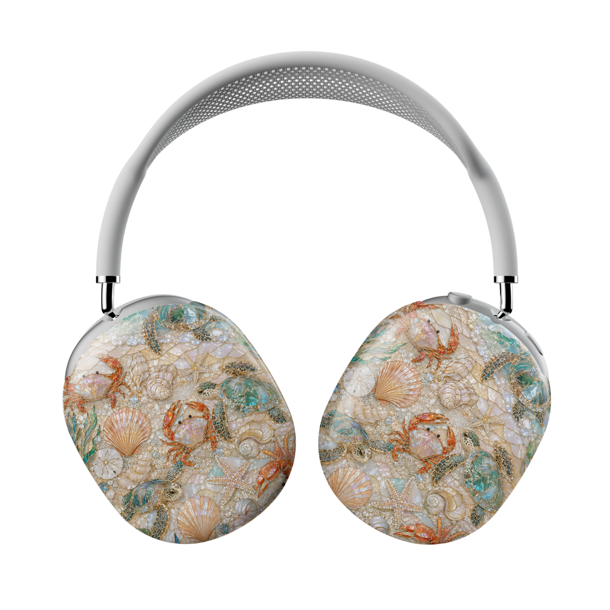 Sea turtle AirPods Max case featuring sea turtles, starfish, seashells, pearls, coral accents, and coastal ocean treasures on a pearlescent beach-inspired background.